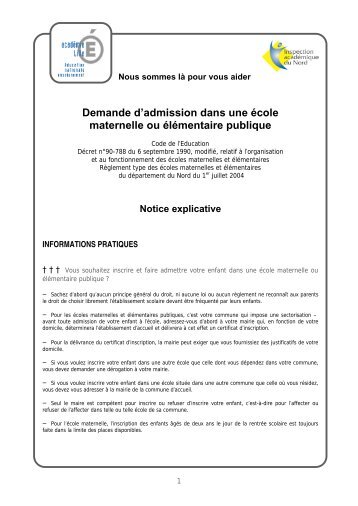 Demande d'admission dans une Ã©cole maternelle ou ... - Pupitre.org