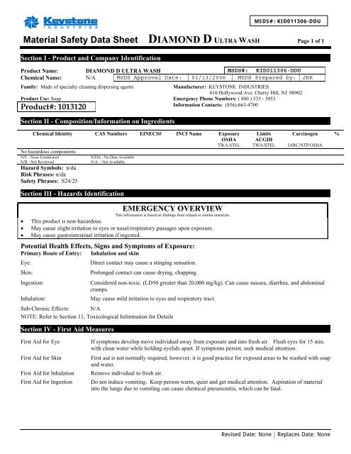 Diamond D Ultra Wash MSDS 1013120.pdf - Keystone Industries