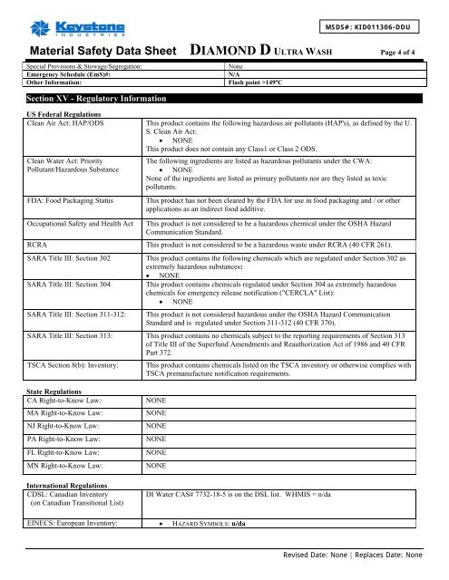 Diamond D Ultra Wash MSDS 1013120.pdf - Keystone Industries