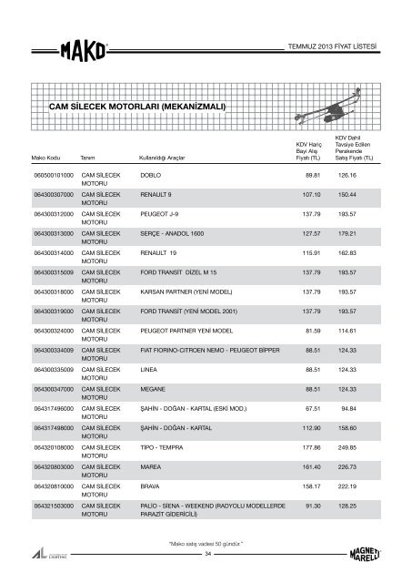 Mako Temmuz 2013 Fiyat Listesi