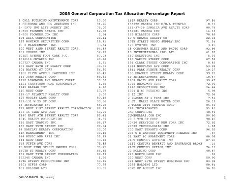 2005 General Corporation Tax Allocation Percentage - NYC.gov