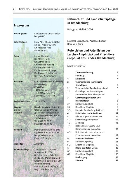 Rote Liste Lurche und Kriechtiere - LUGV - Land Brandenburg