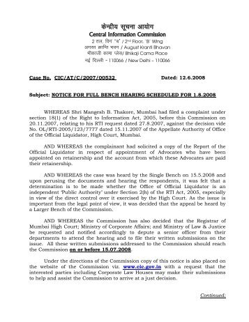 Notice for Hearing dated 12-6-2008 on - CIC