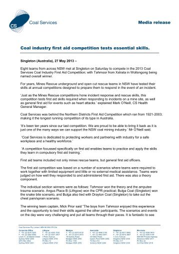 Media release Coal industry first aid competition ... - Coal Services
