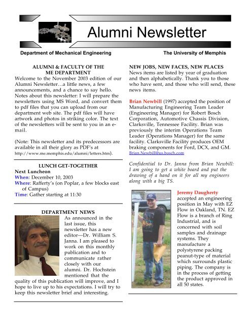 Alumni Newsletter - Mechanical Engineering - University of Memphis