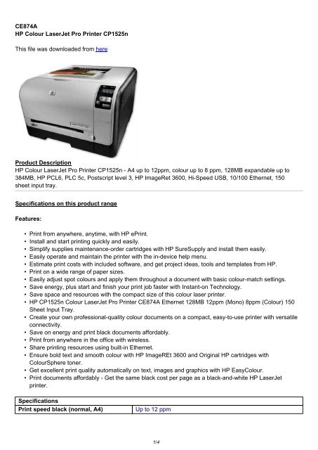 CE874A HP Colour LaserJet Pro Printer CP1525n ... - Office Printers