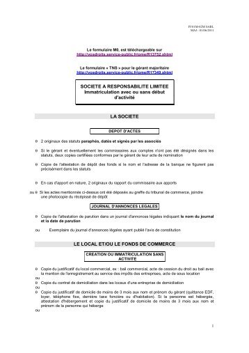 Dossier pour immatriculation SARL - La Chambre de Commerce et ...
