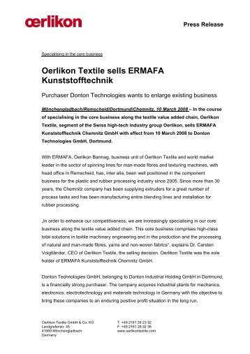 Oerlikon Textile sells ERMAFA Kunststofftechnik