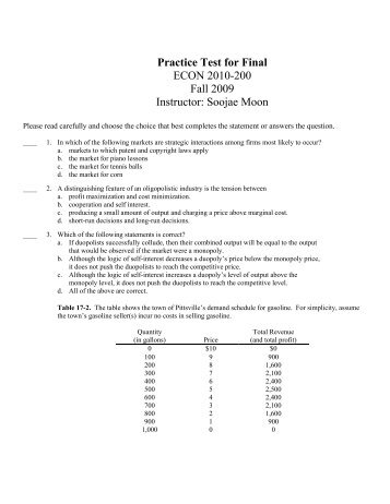 Practice Test for Final ECON 2010-200 Fall 2009 Instructor: Soojae ...