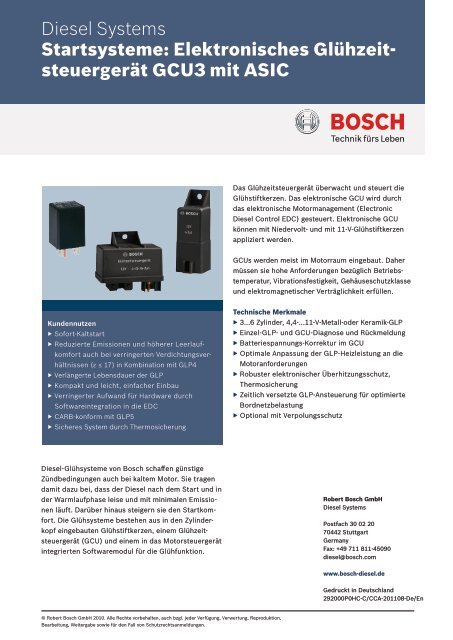 Datenblatt Gla Hzeitsteuergera T Gcu3 Bosch Automotive Technology