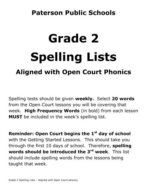 Grade 2 Spelling Lists - Paterson Public Schools