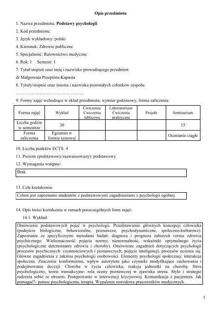 1 Opis przedmiotu 1. Nazwa przedmiotu: Podstawy ... - PWSZ w Nysie