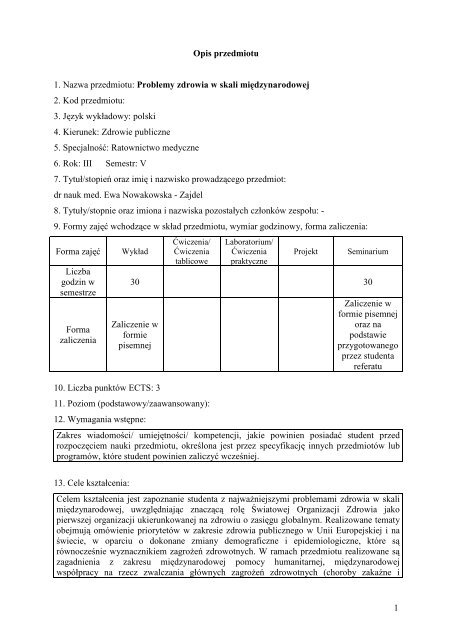 1 Opis przedmiotu 1. Nazwa przedmiotu: Podstawy ... - PWSZ w Nysie