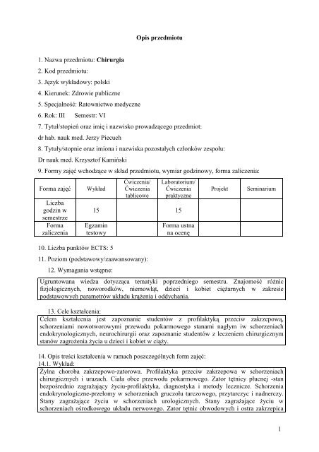 1 Opis przedmiotu 1. Nazwa przedmiotu: Podstawy ... - PWSZ w Nysie