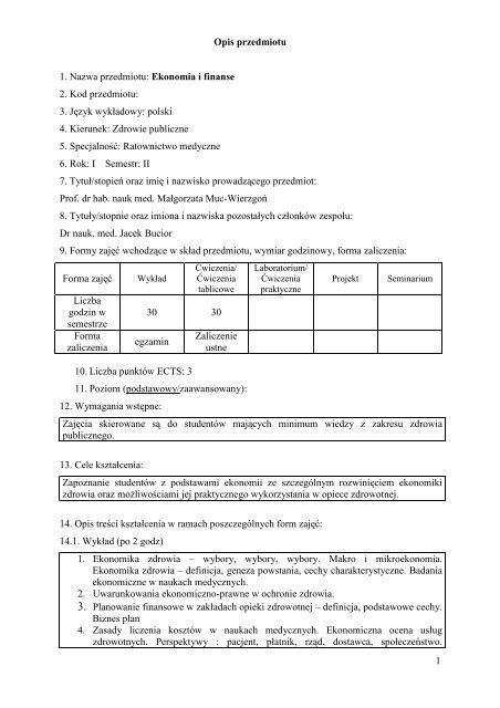 1 Opis przedmiotu 1. Nazwa przedmiotu: Podstawy ... - PWSZ w Nysie