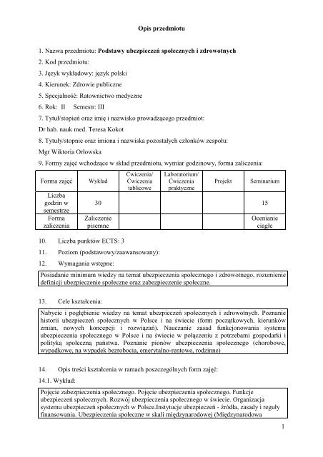 1 Opis przedmiotu 1. Nazwa przedmiotu: Podstawy ... - PWSZ w Nysie