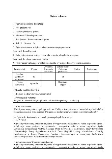 1 Opis przedmiotu 1. Nazwa przedmiotu: Podstawy ... - PWSZ w Nysie