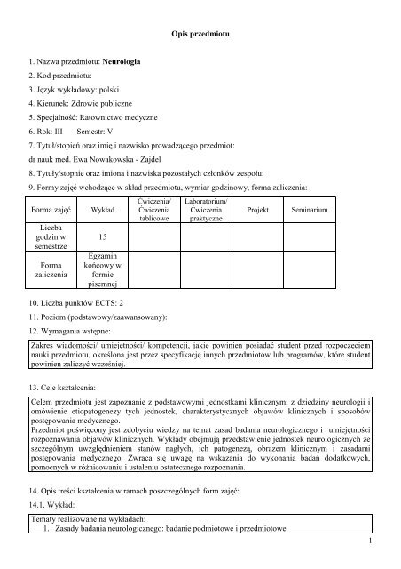 1 Opis przedmiotu 1. Nazwa przedmiotu: Podstawy ... - PWSZ w Nysie