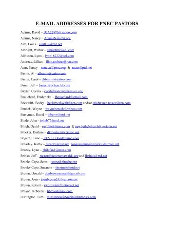 E-MAIL ADDRESSES FOR PNEC PASTORS