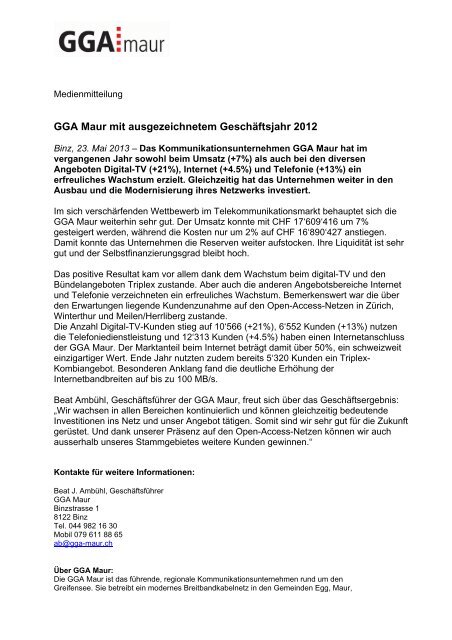 GGA Maur mit ausgezeichnetem GeschÃƒÂ¤ftsjahr 2012 - bei GGA Maur