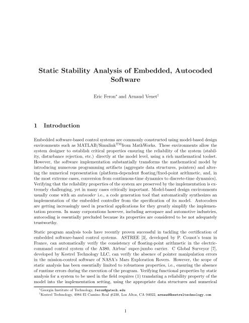 Static Stability Analysis of Embedded, Autocoded Software