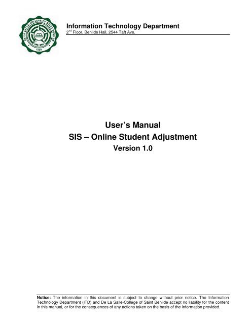 User's Manual SIS â€“ Online Student Adjustment - De La Salle ...