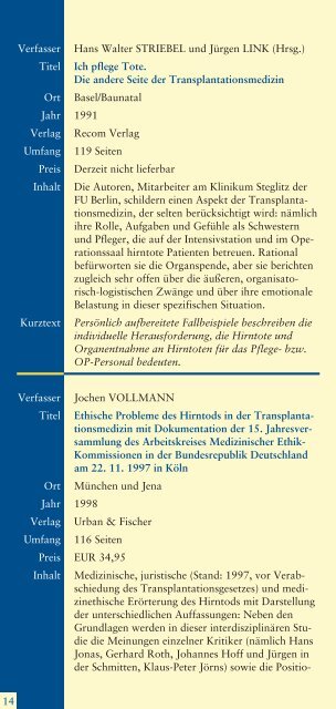 Literaturhinweise zum Thema Organspende und Organtransplantation