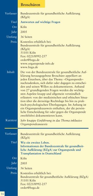 Literaturhinweise zum Thema Organspende und Organtransplantation