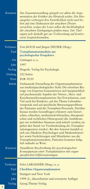 Literaturhinweise zum Thema Organspende und Organtransplantation