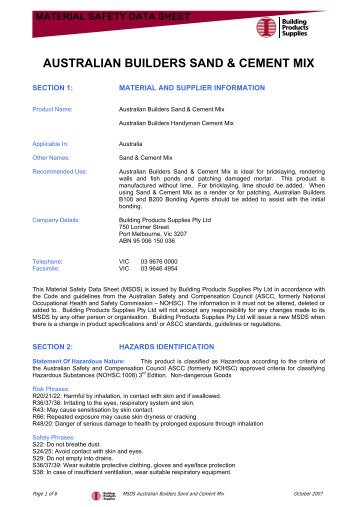 material safety data sheet australian builders sand & cement mix