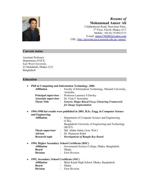 Resume of Mohammad Ameer Ali - East West University