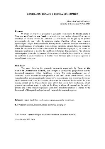 CANTILLON, ESPAÇO E TEORIA ECONÔMICA Resumo ... - Anpec