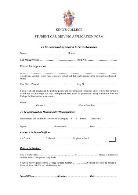 KING'S COLLEGE STUDENT CAR DRIVING APPLICATION FORM ...