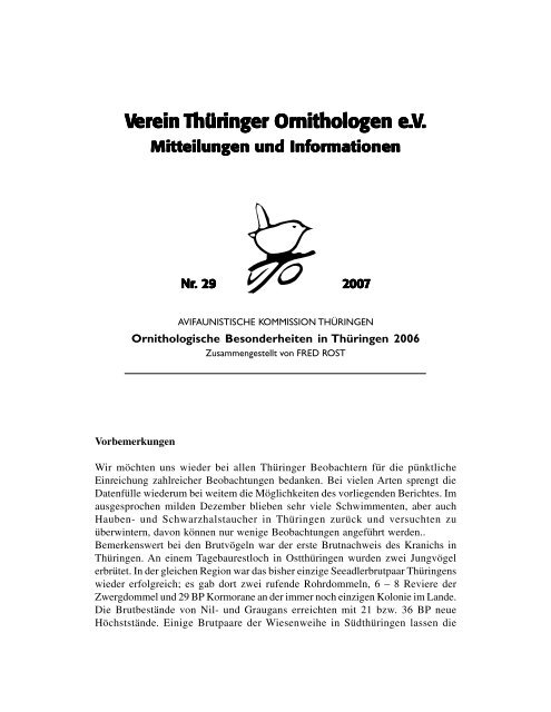 Verein Thüringer Ornithologen eV Mitteilungen und Informationen