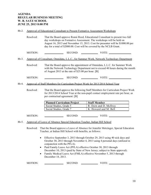 agenda regular business meeting wr satz school june 25 ... - Holmdel