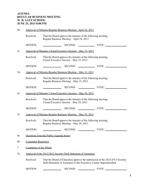 agenda regular business meeting wr satz school june 25 ... - Holmdel