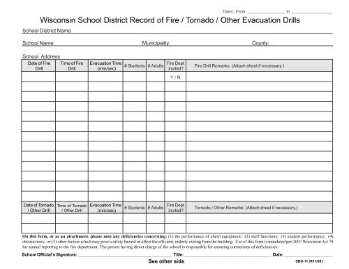 Wisconsin School District Record of Fire / Tornado / Other ...