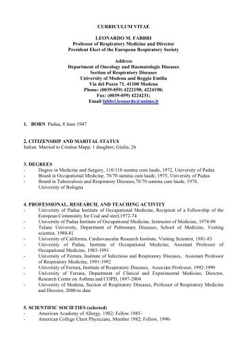 CURRICULUM VITAE LEONARDO M. FABBRI Professor of ...