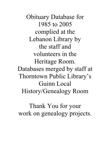 Obituary Database for 1985 to 2005 complied at the Lebanon ...