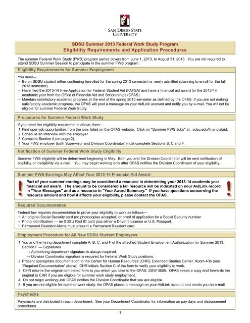 SDSU Summer 2013 Federal Work Study Program Eligibility ...