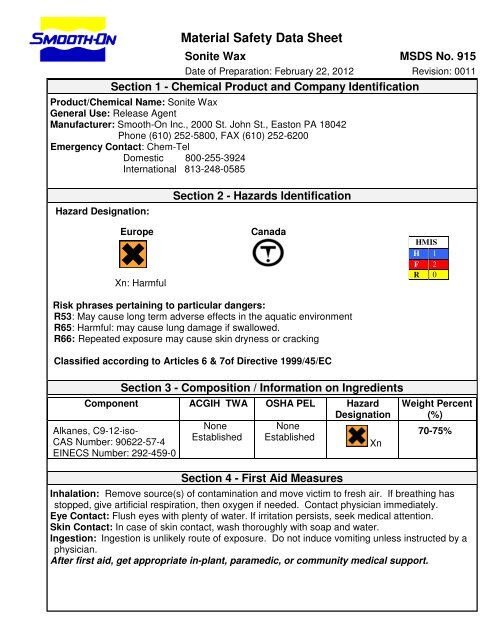 MSDS - Sonite Wax - Smooth-On, Inc.