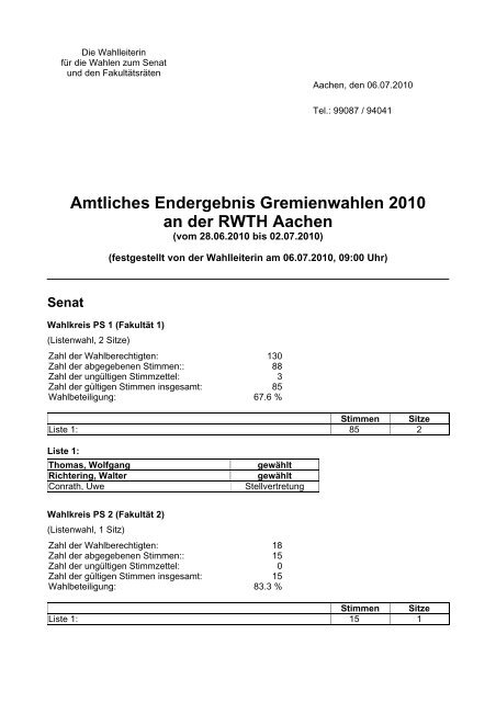 Amtliches Endergebnis Gremienwahlen 2010 an der RWTH Aachen