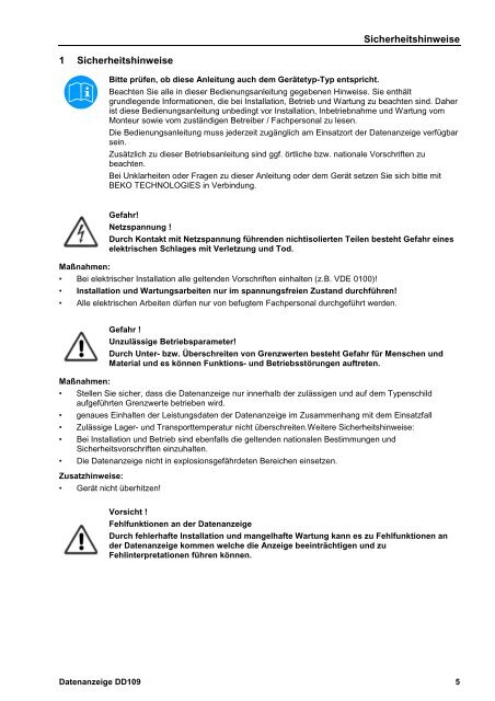 Installations- und Betriebsanleitung Datenanzeige DD 109 Optionen ...