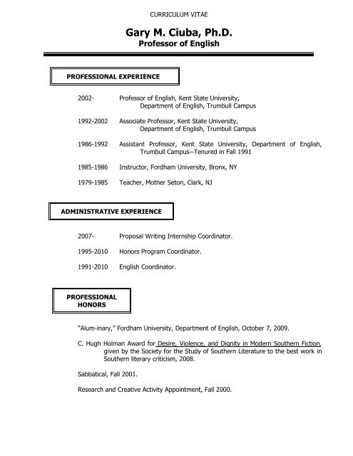 CURRICULUM VITAE for Gary M. Ciuba, Ph.D. Professor of English