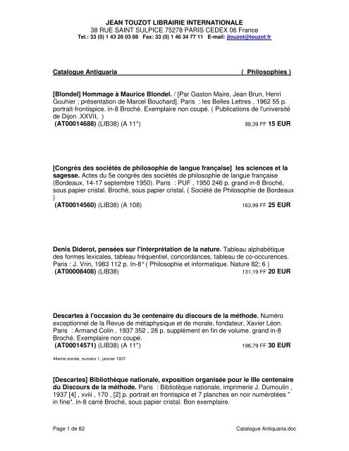 Philosophies Librairie Internationale Touzot - 