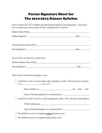 Parent Signature Sheet for The 2012-2013 Science Syllabus