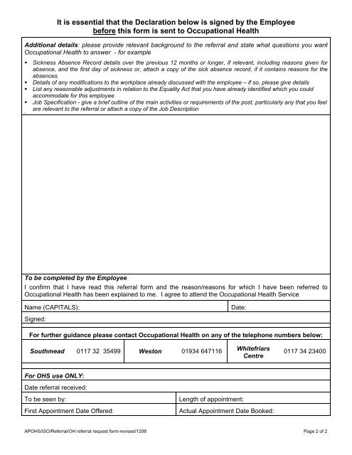 Occupational Health Referral Request Form