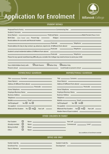 Application for Enrolment Form (PDF) - Billanook College