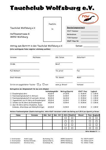 Eintrittsformular - TCW Tauchclub Wolfsburg eV