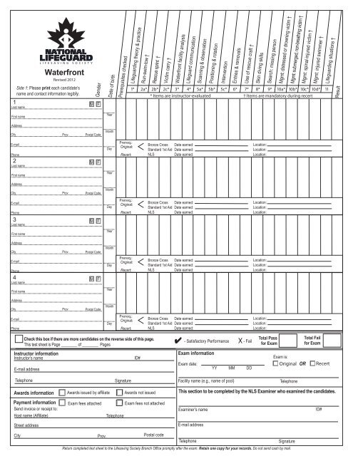 NLS Waterfront test sheet - Revised 2012 - Lifesaving Society